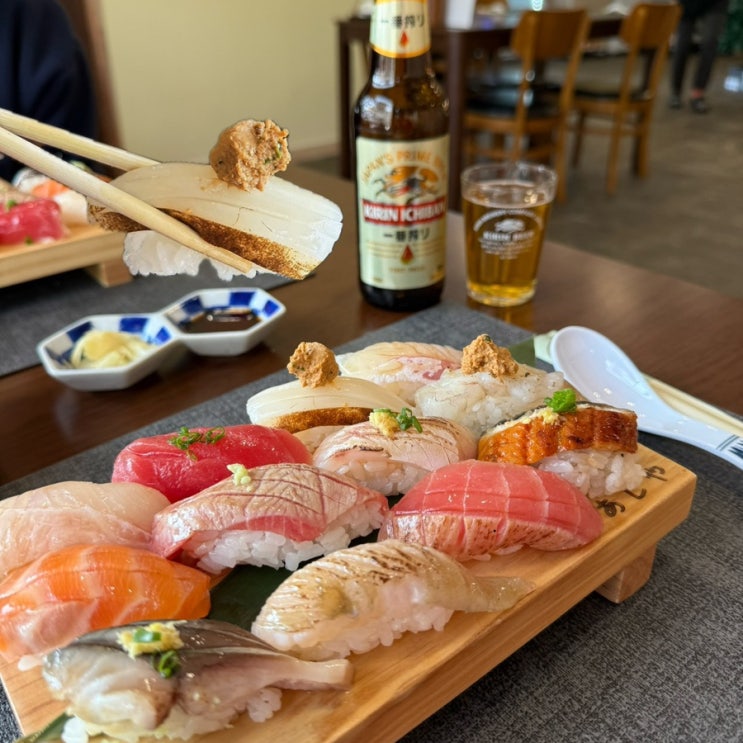 김해 장유맛집 아지야 율하카페거리 초밥 기린 병맥주 맛있네예