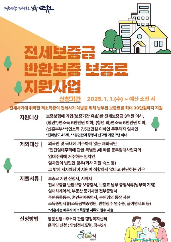  순천시, 전세사기 피해 예방 위해 전세보증금 반환보증 보증료 지원