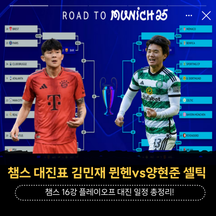 챔스 대진표 김민재 <b>뮌헨</b>vs<b>양현준</b> <b>셀틱</b>(챔스 16강 플레이오프... 