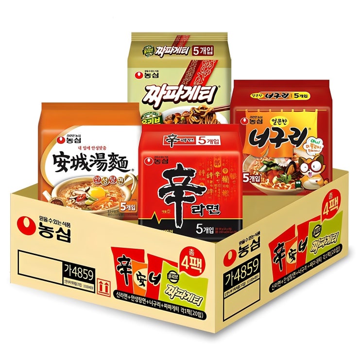  농심 신라면 120g x 5p + 안성탕면 125g x 5p + 얼큰 너구리 120g x 5p + 짜파게티 140g x 5p