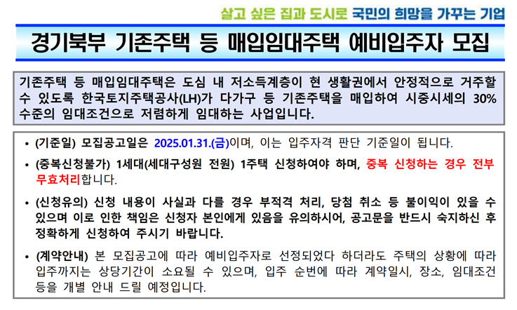  경기북부(의정부시, 남양주시, 포천시, 양주시, 동두천시, 파주시, 고양시, 가평군, 연천군, 양평군) 기존주택 등 매입임대주택 예비입주자 모집 안내