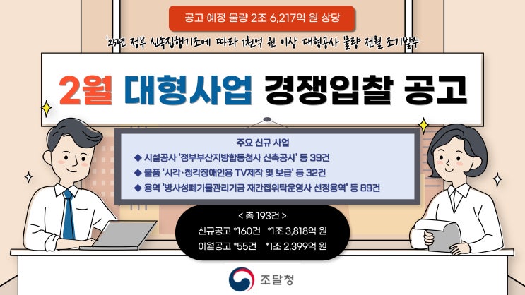  조달청, '25년 2월 '2조 6,217억 원 상당 대형사업 경쟁입찰 공고