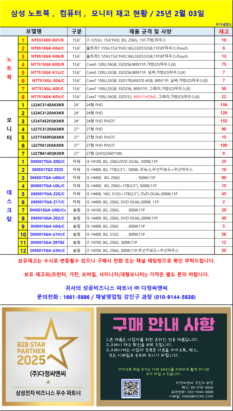  2025년 2월 3일 삼성 노트북, 컴퓨터, 모니터 재고 현황