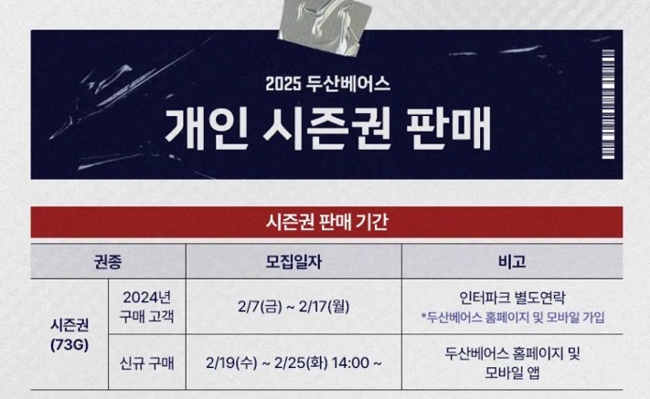 2025 두산베어스 시즌권 판매 정보 기명 무기명 시즌권 차이