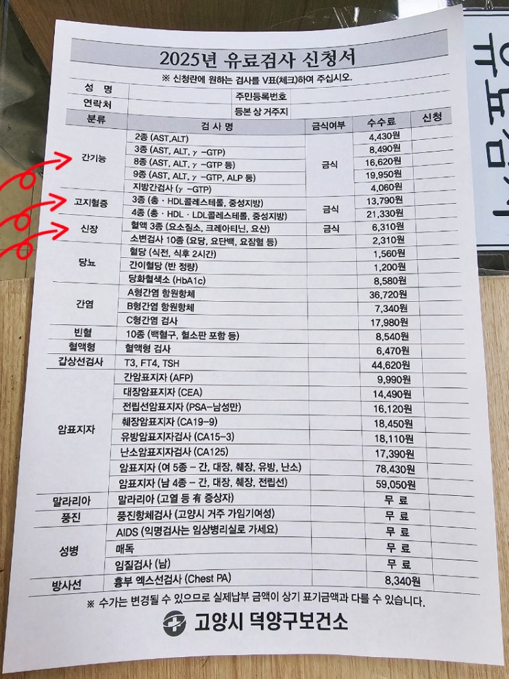  덕양구 보건소 건강검진 유료 무료검사 항목 알려드려요!