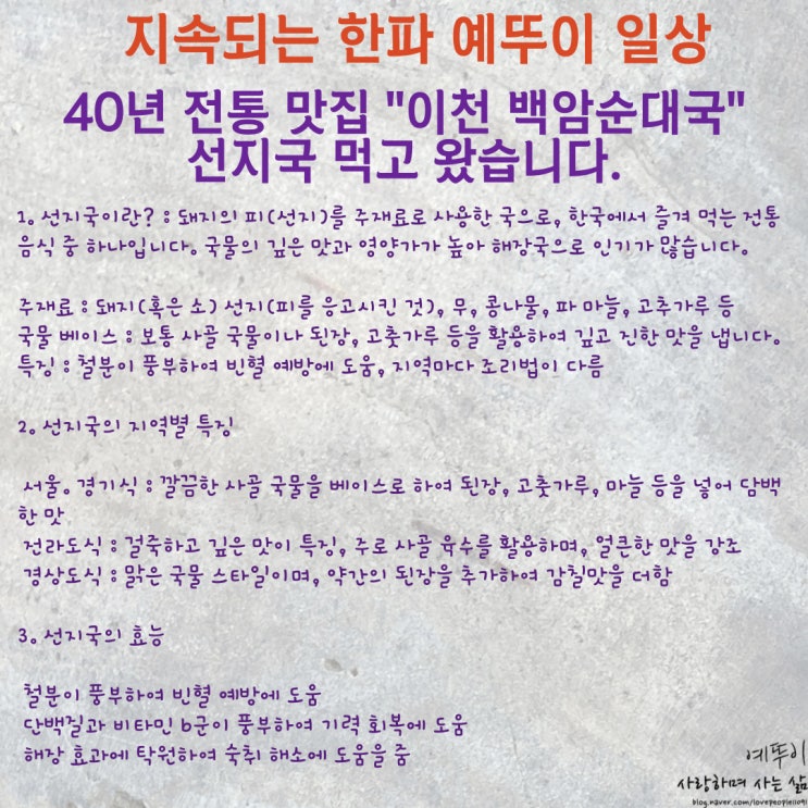  40년 전통의 맛집 이천 백암 토종 순대국 지속되는 한파 따근한 선지국 순대국 한그릇 어떠실까요