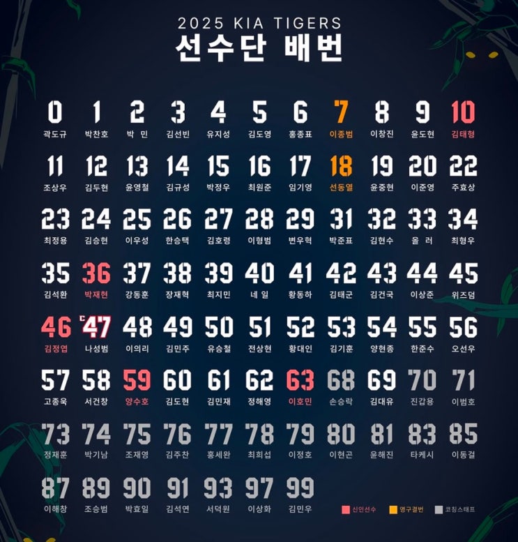 2025 기아타이거즈 등번호 배번 확정 <b>김도영</b> 양현종 등번호