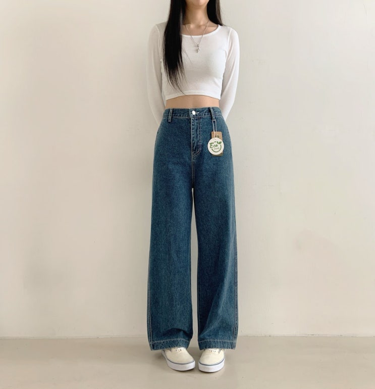  하이웨스트 와이드핏 진청 데님 팬츠! 편안한 밴딩으로 완성하는 봄·가을 데일리룩