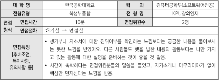  2023학년도 한국공학대학교 컴퓨터공학부(소프트웨어전공) 학생부종합 KPU창의인재전형 면접 기출 문제