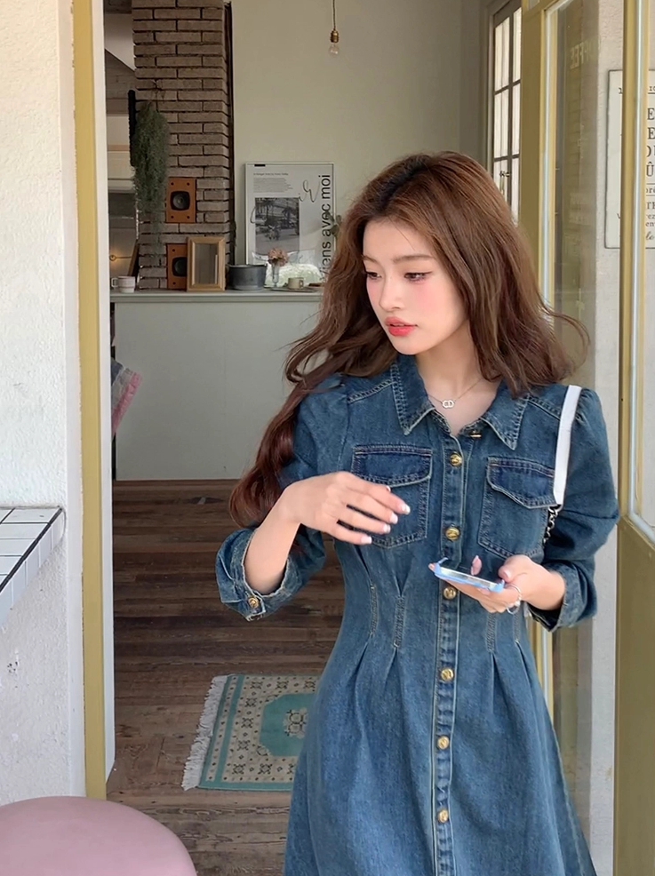  캐주얼해서 더 러블리한 셔츠 타입의 데님 맥시 롱 원피스 코디 추천