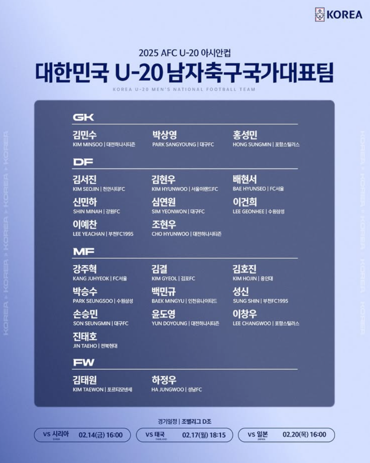 2025 AFC <b>U-20 아시안컵</b> 대표팀 명단 및 <b>예선</b> 경기 일정 태국... 