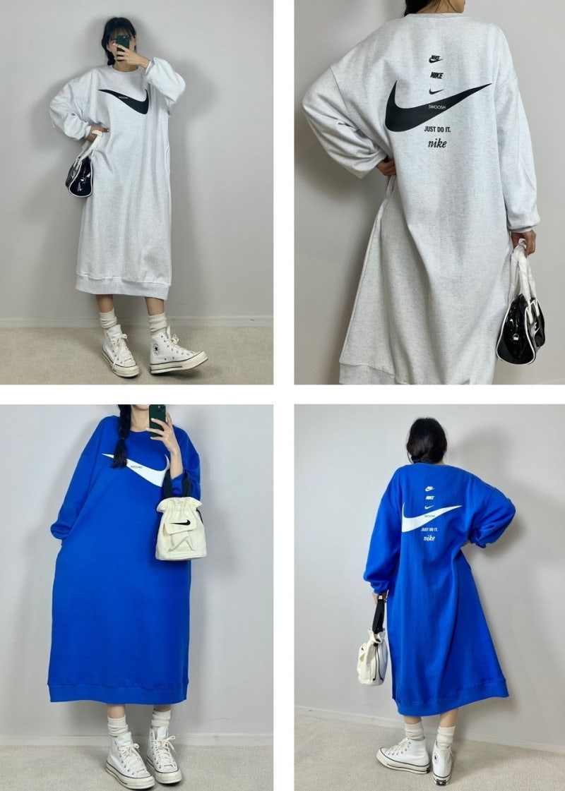 F/W ★신상★ 나이키 스우시 나염 로고 자수 레터링 롱 원피스 블랙, 백멜란지,핑크,그레이