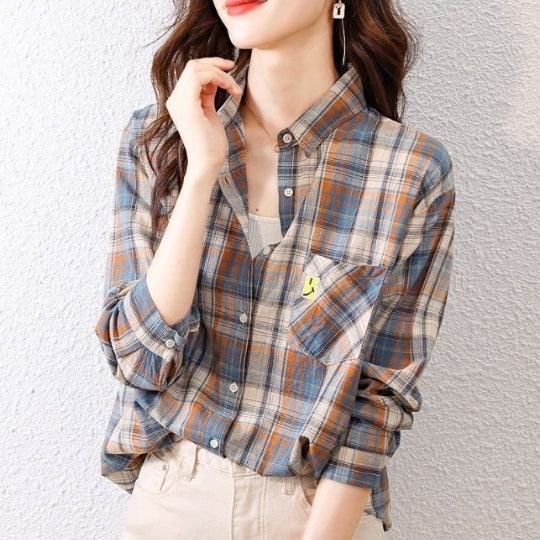 스마일패치 체크 셔츠 블라우스 블루 오렌지 부드러운 카라 티셔츠 여성 긴팔 배색 남방
