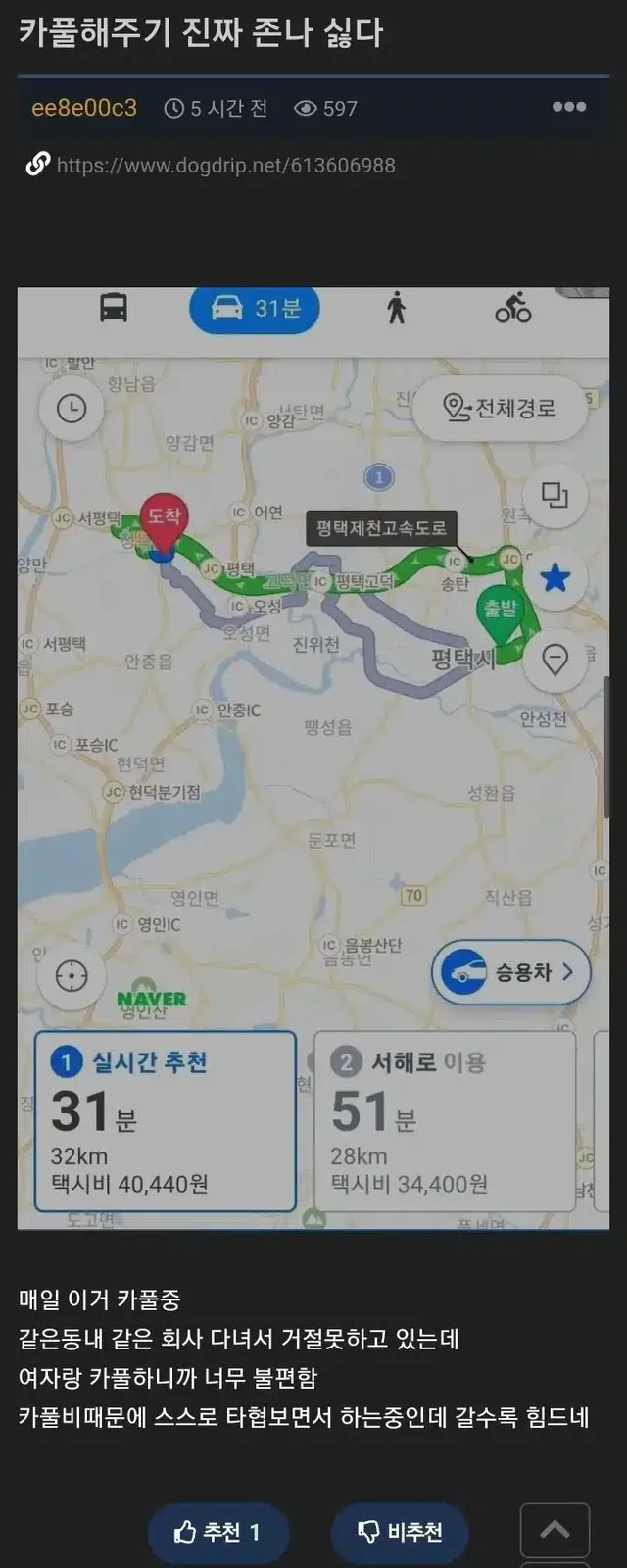 카풀비 45만원 받아도 카풀 싫다는 사람,,