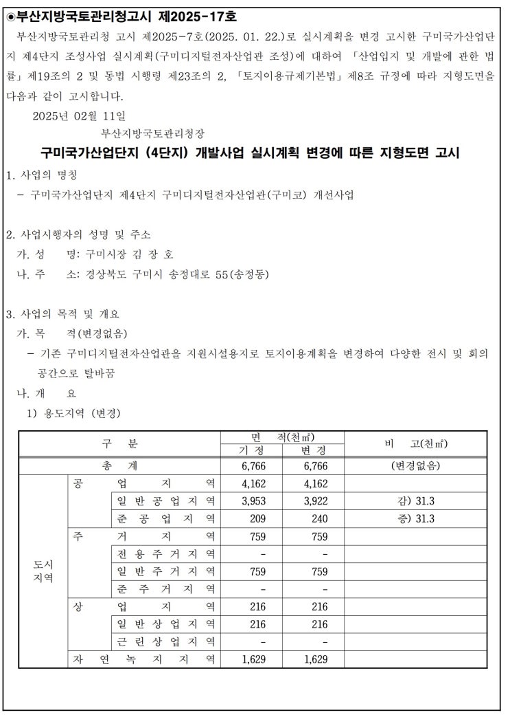  구미국가산업단지 (4단지) 개발사업 실시계획 변경에 따른 지형도면 고시