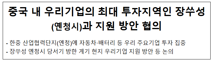 중국 내 우리기업의 최대 투자지역인 장쑤성(옌청시)과 지원 방안 협의 중국 내 우리기업의 최대 투자지역인 장쑤성(옌청시)과 지원 방안 협의