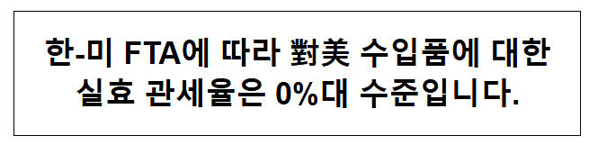 한-미 FTA에 따라 對美 수입품에 대한 실효 관세율은 0%대 수준입니다 한-미 FTA에 따라 對美 수입품에 대한 실효 관세율은 0%대 수준입니다