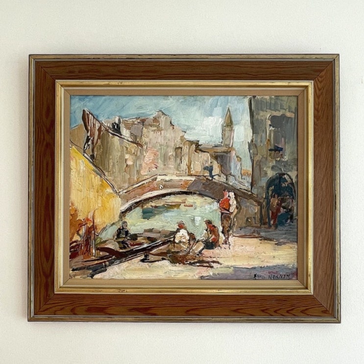  [앤틱] 북유럽 스웨덴 앤틱 빈티지 유화 풍경화 오리지널 Landscape with Venice people motive (oil in canvas) by Knut Norman