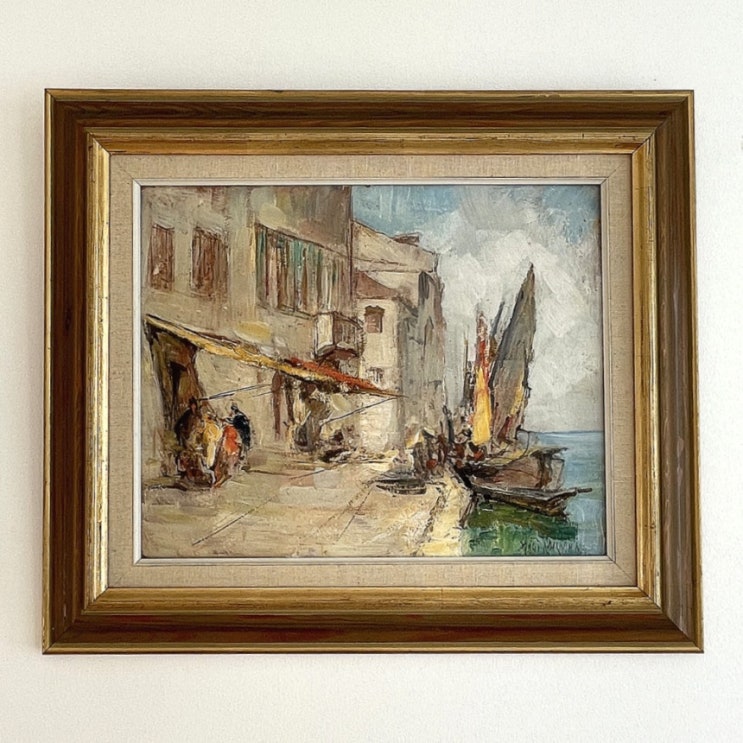  [앤틱] 북유럽 스웨덴 앤틱 빈티지 유화 풍경화 오리지널 Landscape with Venice seaside motive (oil in canvas) by Knut Norman