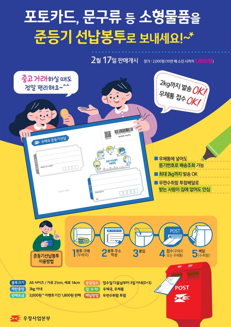  2 이하 물품 전국 2천원 배송…우체국 준등기 선납봉투 출시