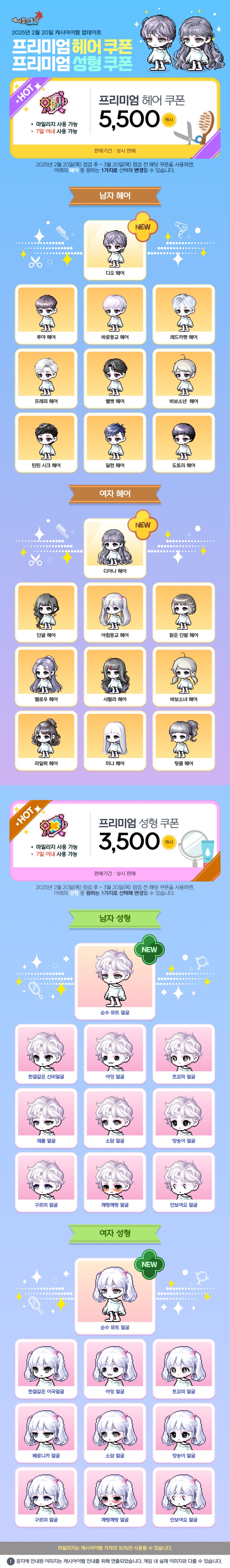  2월 20일 캐시아이템 업데이트 - 프리미엄 헤어&성형 쿠폰
