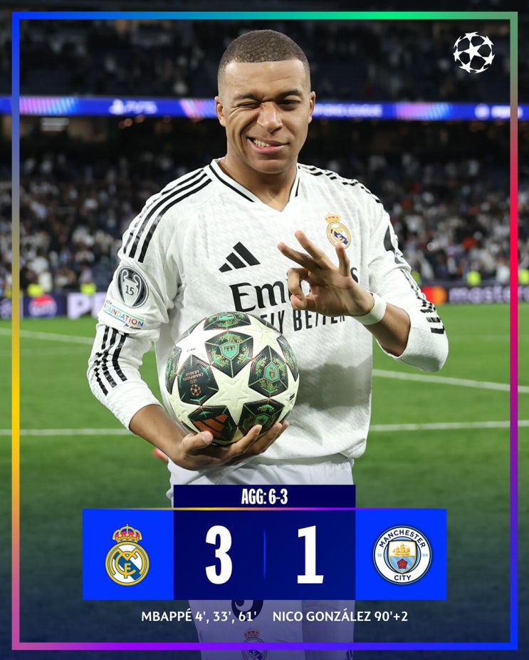 [24-25 <b>UCL</b>] ‘<b>음바페 해트트릭</b>!’ 레알, 홈에서 <b>맨시티</b>... 