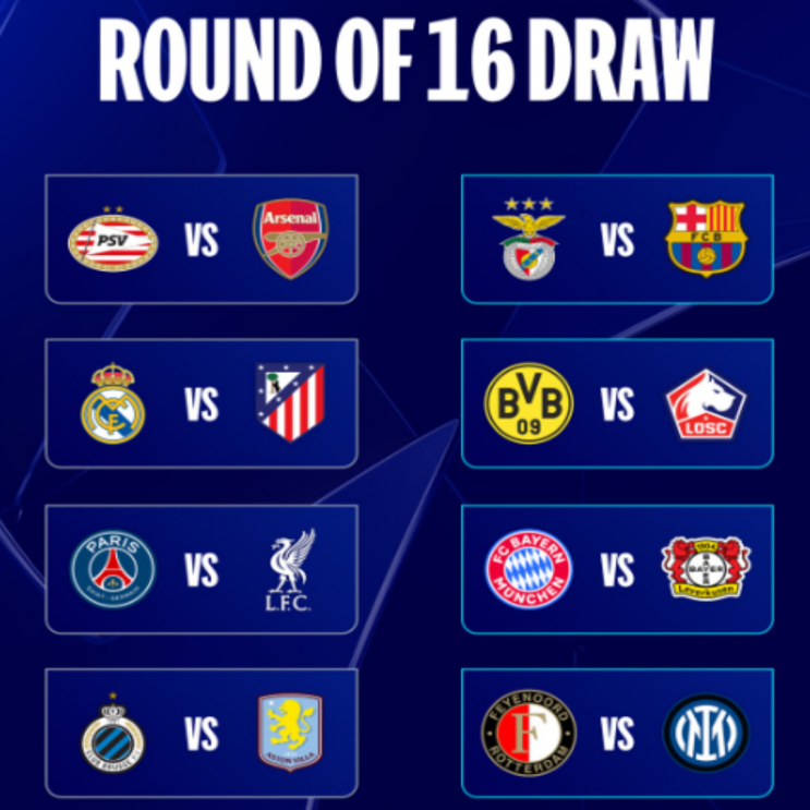 24-25 UEFA 챔피언스리그 16강 대진표 확정, 마드리드더비, PSG 리버풀, 뮌헨은 레버쿠젠 상대!!(챔스 16강 추첨, 일정, 대진, 8강 준결승 결승)