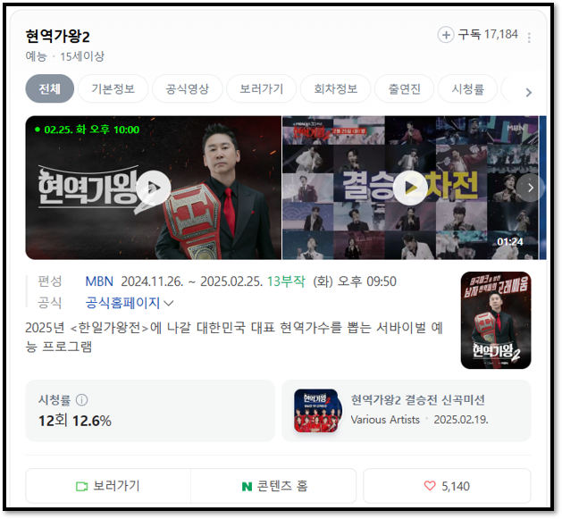현역가왕2 13회 결승전 재방송 다시보기 보러가기 회차정보 방송시간 편성표 시청률 우승자 탄생