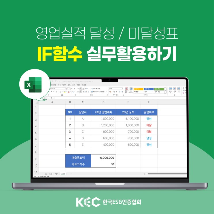  엑셀 실무활용 영업실적 달성 미달성 IF 함수