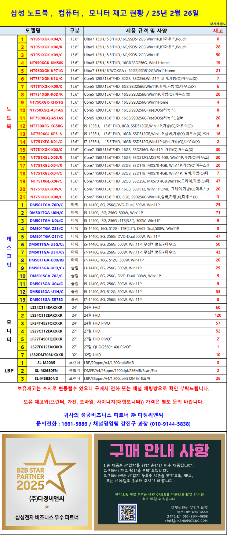  삼성전자 데스크탑, 노트북, 모니터, 프린터 재고 현황 (2025년 2월 26일 기준)