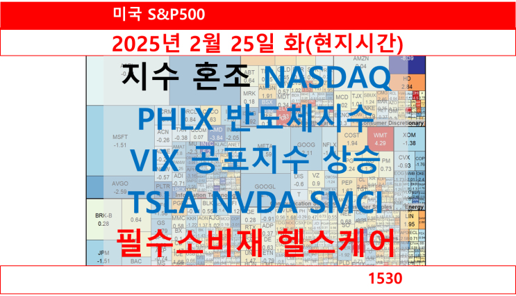  S&P500 일일 요약, 지수 혼조 NASDAQPHLX 반도체지수VIX 공포지수 상승TSLA NVDA SMCI필수소비재 헬스케어
