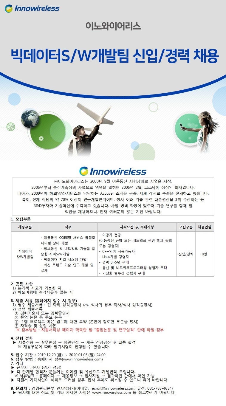 캐치] 이노와이어리스 빅데이터S/W개발팀 신입/경력 채용 (~1/5) : 네이버 블로그