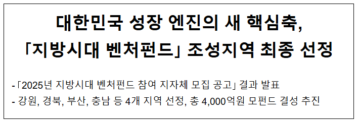 대한민국 성장 엔진의 새 핵심축, 「지방시대 벤처펀드」 조성지역 최종 선정 대한민국 성장 엔진의 새 핵심축, 「지방시대 벤처펀드」 조성지역 최종 선정
