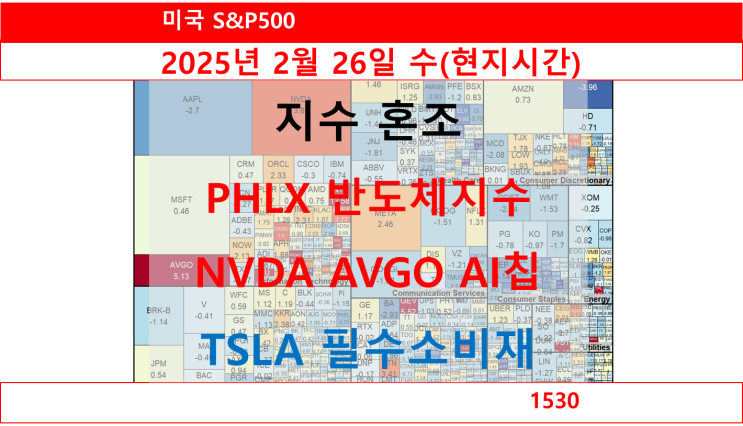  S&P500 일일 요약, 지수 혼조, PHLX 반도체지수NVDA AVGO AI칩 관련주 상승, TSLA 필수소비재 하락