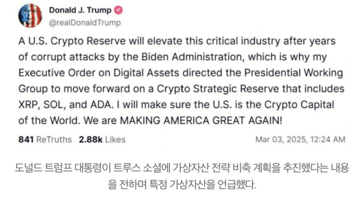 <b>트럼프</b>, "美 <b>가상자산</b> 전략 <b>비축</b> 추진 지시"…XRP-ADA 포함