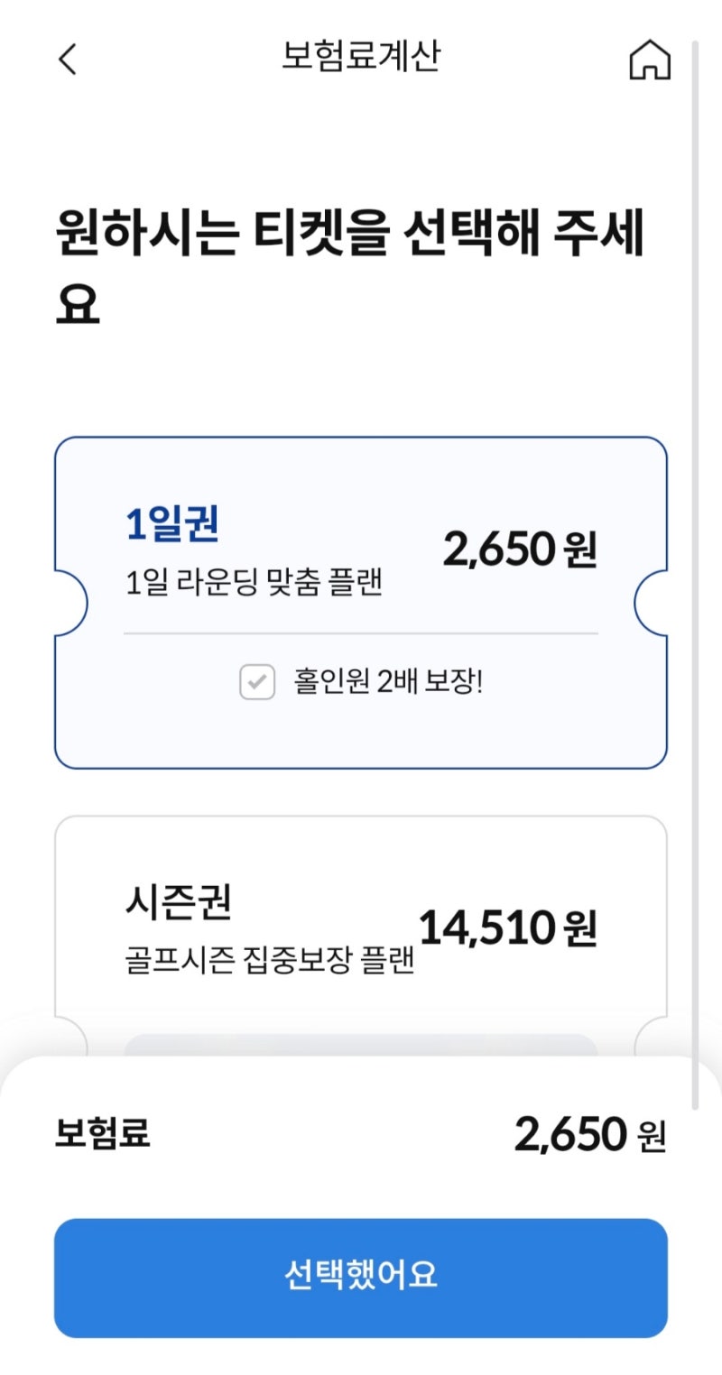 삼성화재 골프보험 하루 1일권 2천원대 홀인원 상해 배상 보험 추천(광고 아님)
