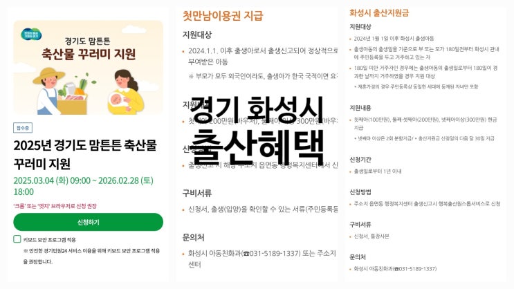  경기도 화성시 출산 혜택 정리(출생신고, 지원금, 첫만남이용권, 산후조리비, 맘튼튼 축산물 친환경농산물)