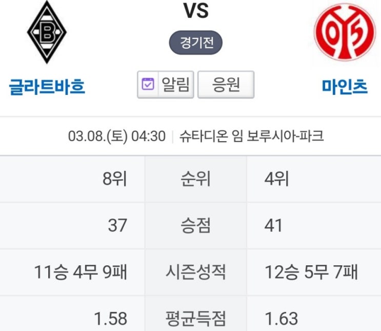 보루시아 뮌헨글라트바흐VSFSC<b>마인츠</b>05(<b>이재성</b> 홍혁석)