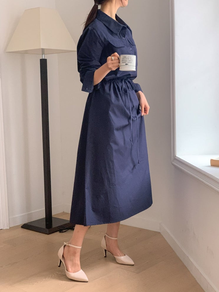  봄·가을 필수템! 루즈핏 허리끈 셔츠 카라 롱 원피스로 완성하는 데일리룩