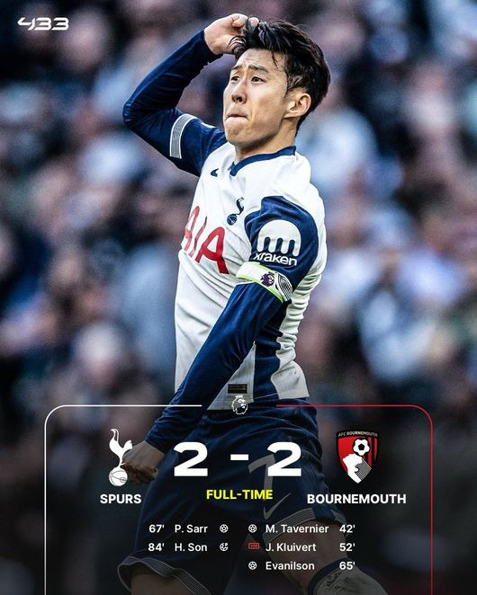 EPL 28라운드<<b>토트넘</b>> '<b>본머스</b>'전 2-2 무승부
