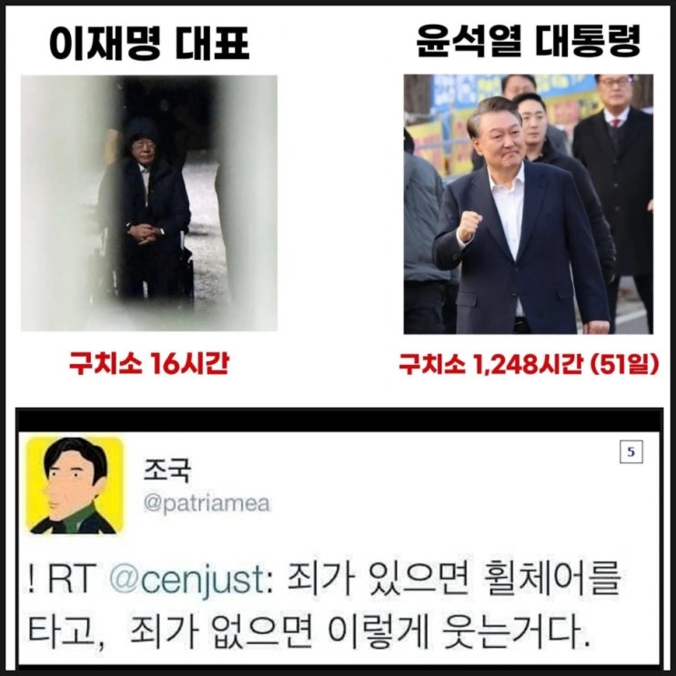 이재명 구치소 16시간 휠체어 윤석열 51일 1248시간 웃으며 석방 이재명 구치소 16시간 휠체어 윤석열 51일 1248시간 웃으며 석방
