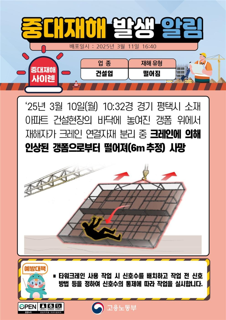  중대재해 갱폼 크레인 인양 작업 중 떨어짐 사고