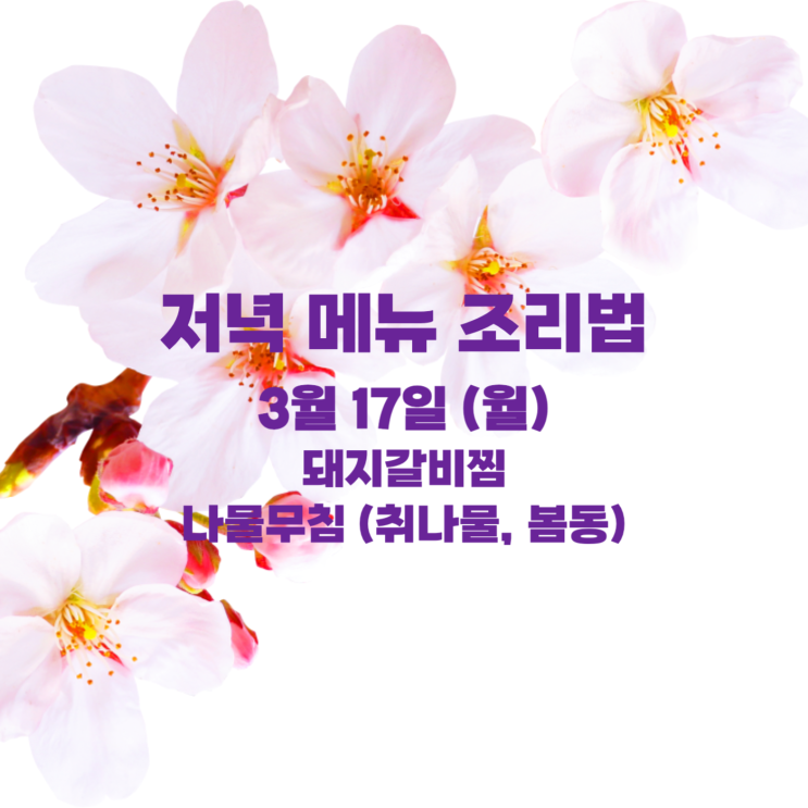  [3월 식단] 3월 17일 : 돼지갈비찜, 나물무침 (취나물, 봄동)