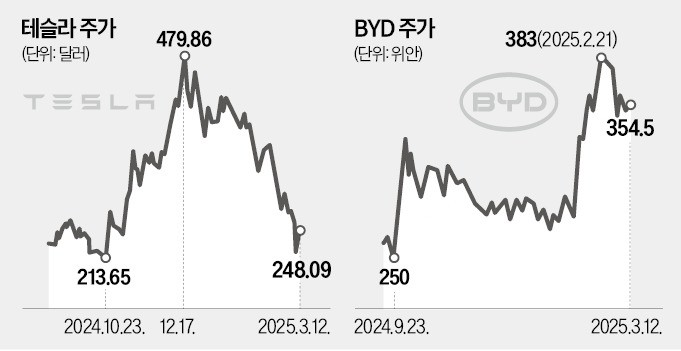 테슬라·BYD, 하나가 뛰면 나머지는 폭락 테슬라·BYD, 하나가 뛰면 나머지는 폭락