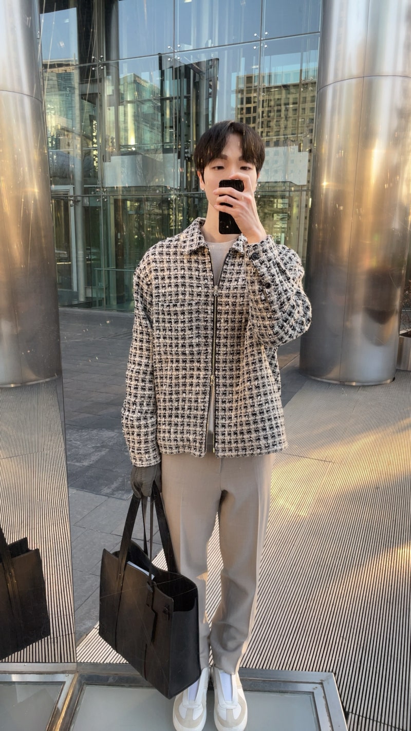 [데일리코디] 25/03/14 타임옴므 트위드 집업 자켓+화이트톤 코디