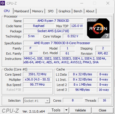  AMD 라이젠7-5세대 7800X3D 라파엘 cpu-z