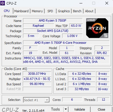  AMD 라이젠5-5세대 7500F 라파엘 cpu-z 벤치