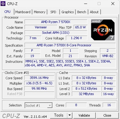  AMD 라이젠7-4세대 5700X 버미어 cpu-z 벤치