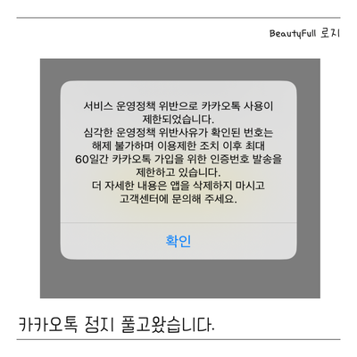  카카오톡 계정정지. 서비스 운영정책 위반으로 사용이 제한. 판교 카카오톡 고객센터 방문