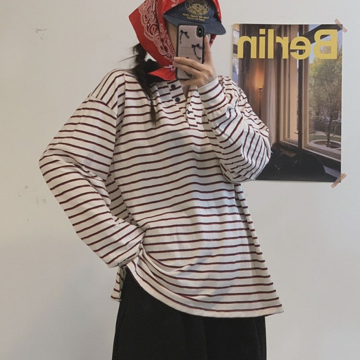  봄/가을 데일리룩 필수템: 빅사이즈 루즈핏 단가라 스트라이프 카라 긴팔 티셔츠